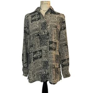 Vintage Tess Button Up Top Beige Black Long Sleeve Pattern Blouse